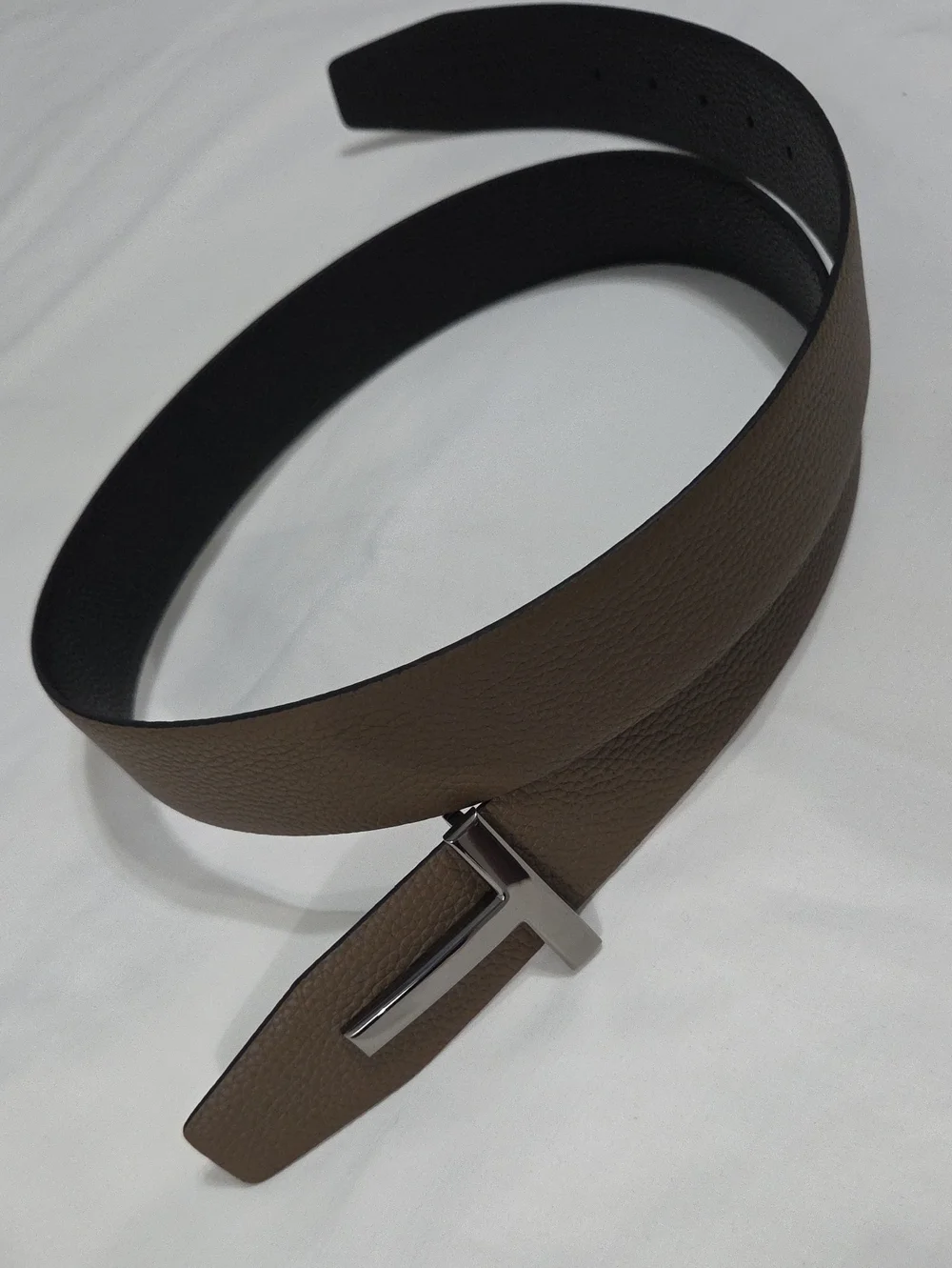 Tom Ford Black Brown Leather Belt with Black Chrome T Buckle